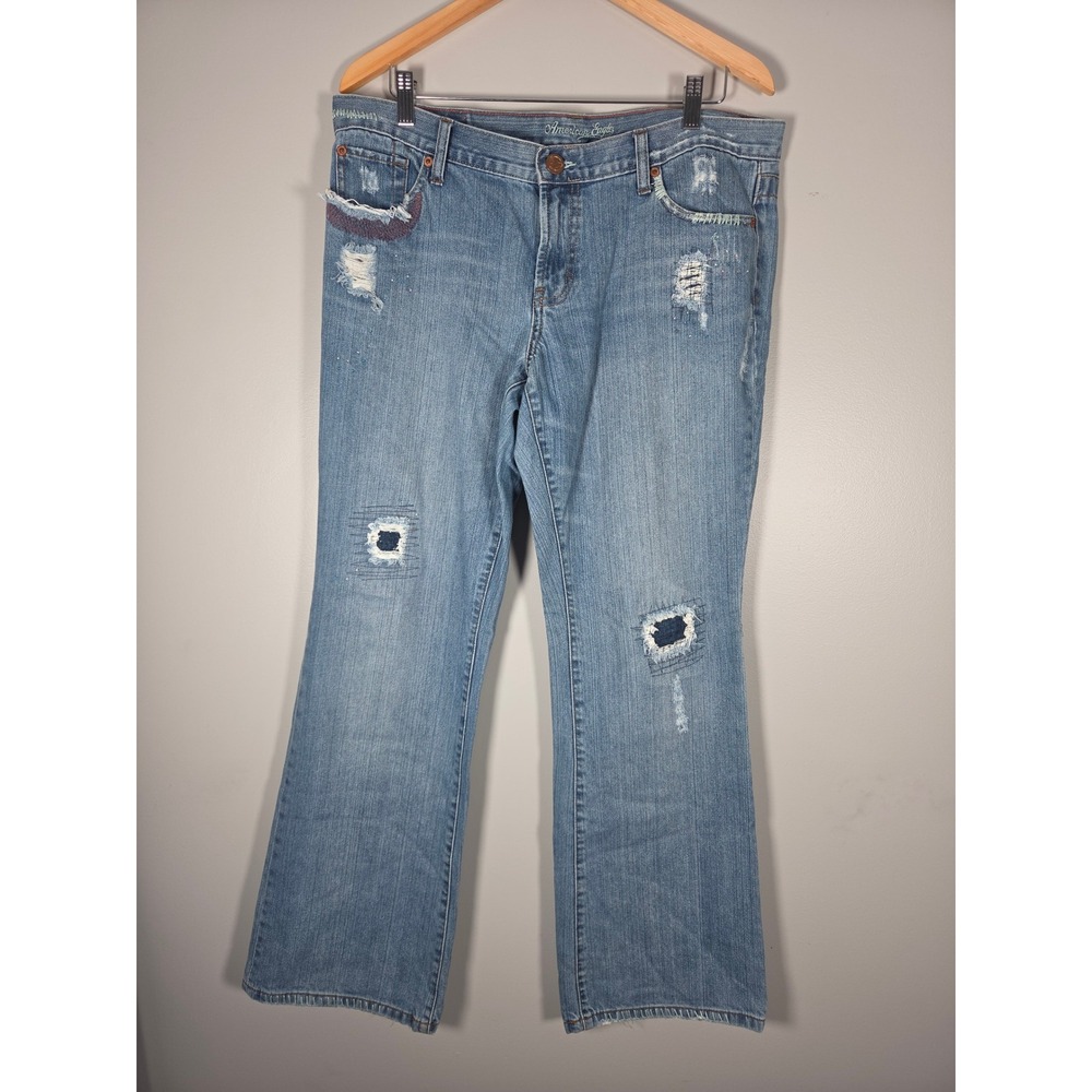 Vintage Y2K American Eagle  Distressed Patchwork Bootcut Jeans Medium Wash sz 14